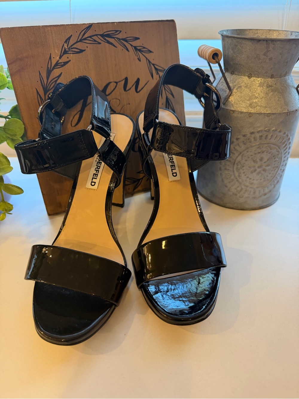 Karl Lagerfeld Paris Cieone Black Patent Leather  Heel with Ankle Strap